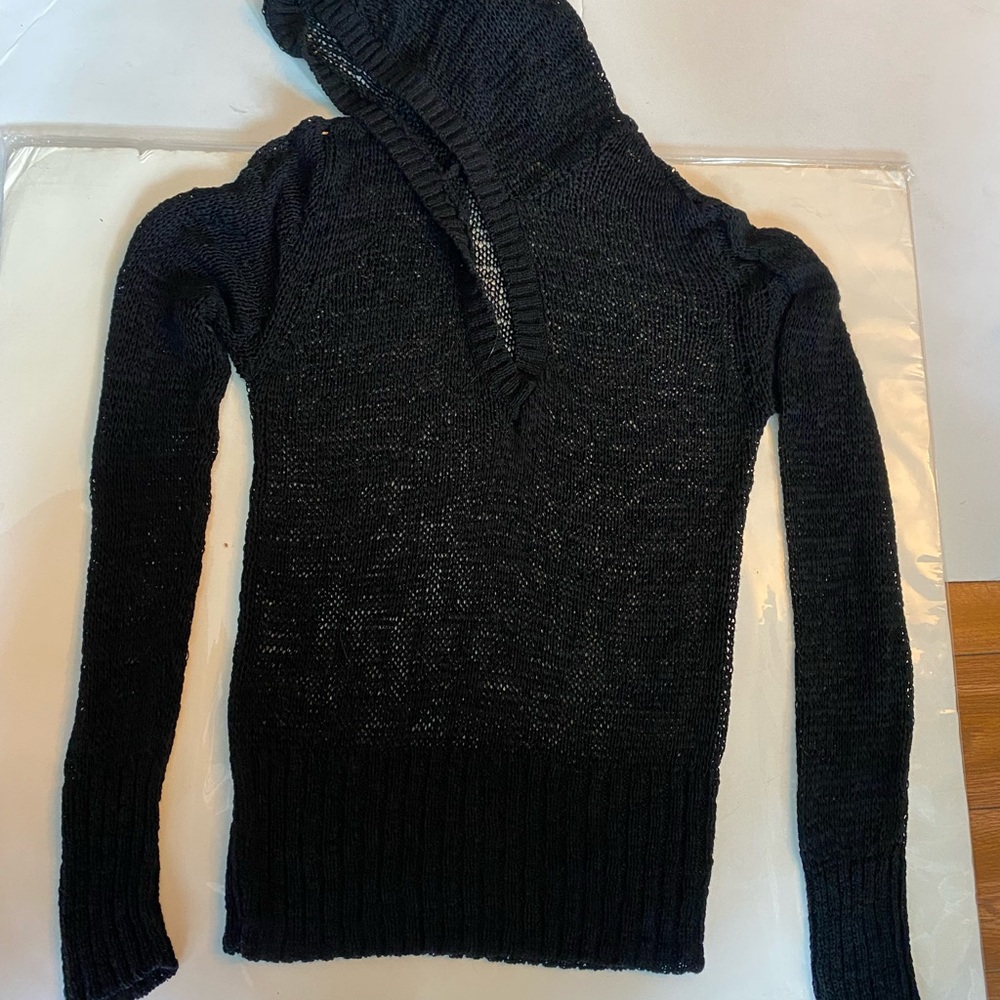 Black Hooded Women's large knot Sweater so see thru